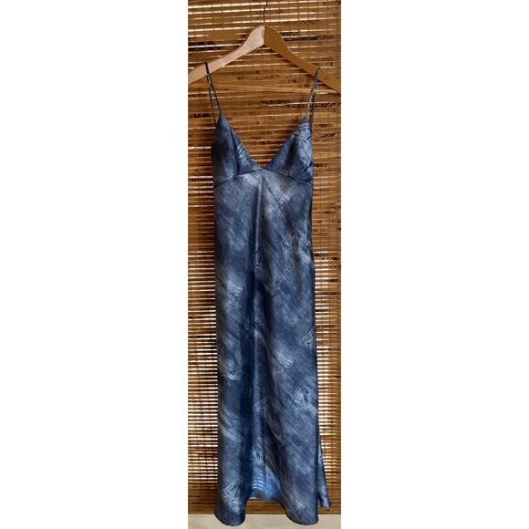 Zara XS Dress Spaghetti Strap Backless Denim-Print Long Satin Lightweight - Picture 3 of 9